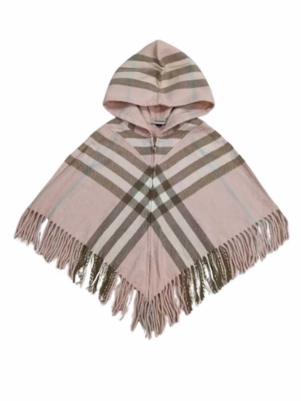 Burberry Pink Plaid Hooded Fringe Poncho